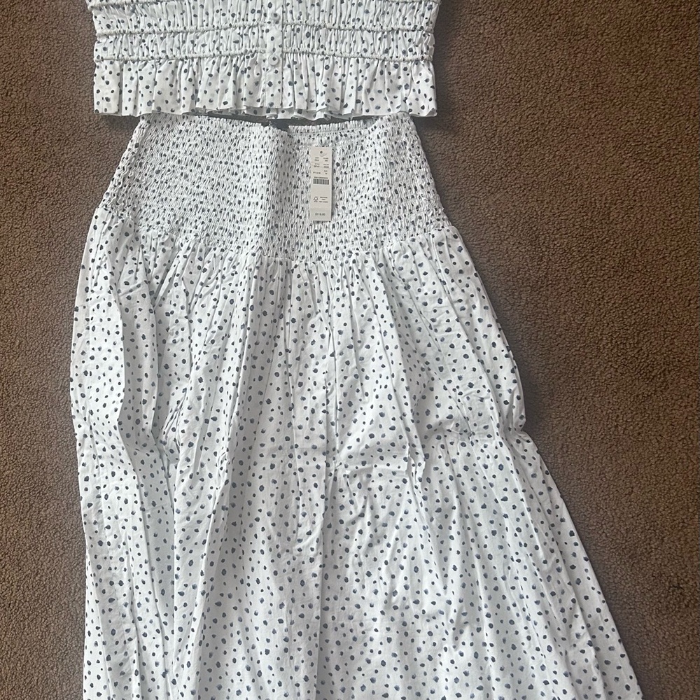 J. Crew White Two-Piece Polka Dot Smocked Top and Skirt